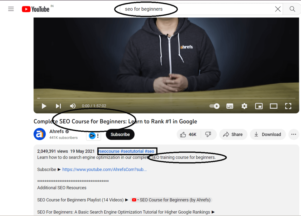 Image showing the placement of the search keyword in title, description, title tags by ahrefs in their video. This is the most important factor of YouTube SEO. 