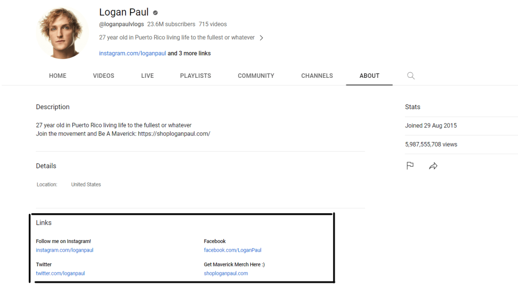 Image showing social links added on Logan Paul's YouTube channel. Adding social links and business links is important for better exposure in YouTube.