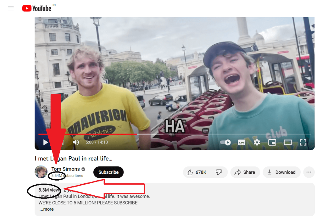 Image from a video collab by Tom Simons and Logan Paul. It shows the 3M increase in views compared to the subscriber count. It is called vice-versa technique. 