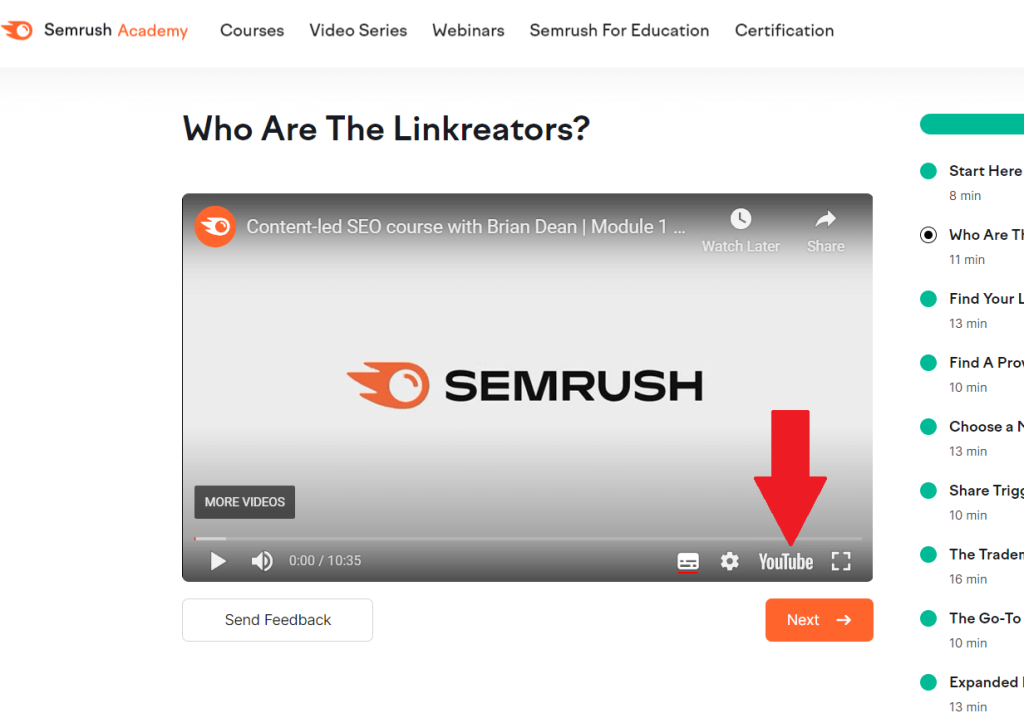 Image taken from Semrush academy website where they embedded their YouTube video as a part of the course. Views for an embedded video are counted. 